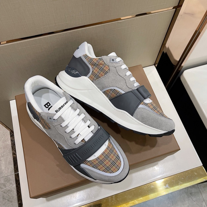 B**rry vintage check, leather and mesh sneakers
